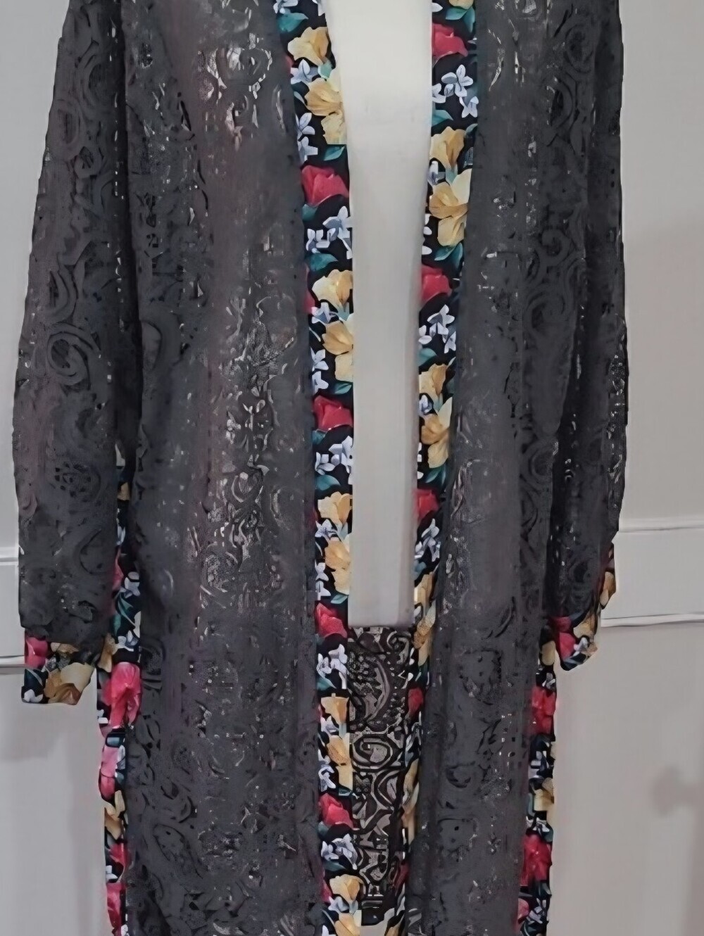 POL Sheer Olive Green Floral Lace Open Front Longline Duster Cardigan - Size M